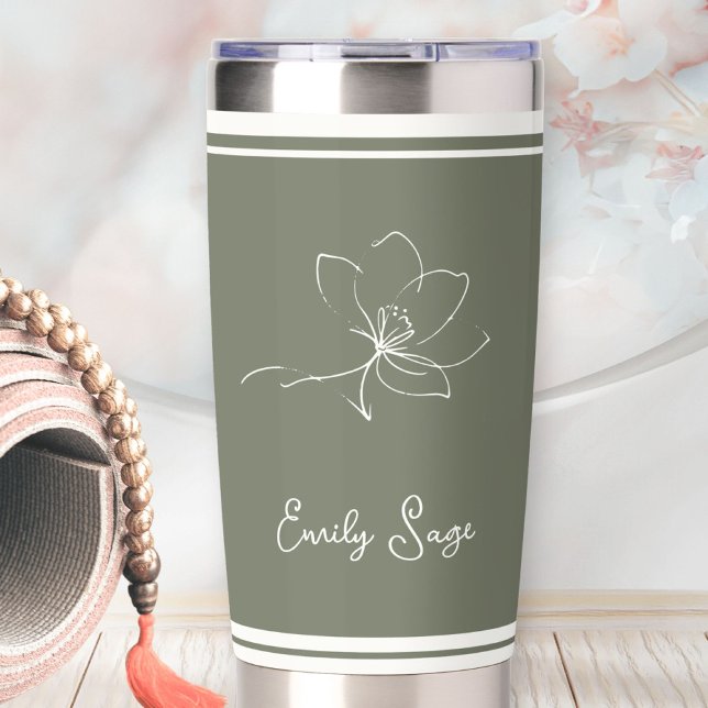 Gourde Isotherme Sage Green Ivory Floral Line Art Striped (Minimalist Floral Line Art Zen Sage Green Ivory Insulated Tumbler ©Sunny Wanderlust 🌞✈️)