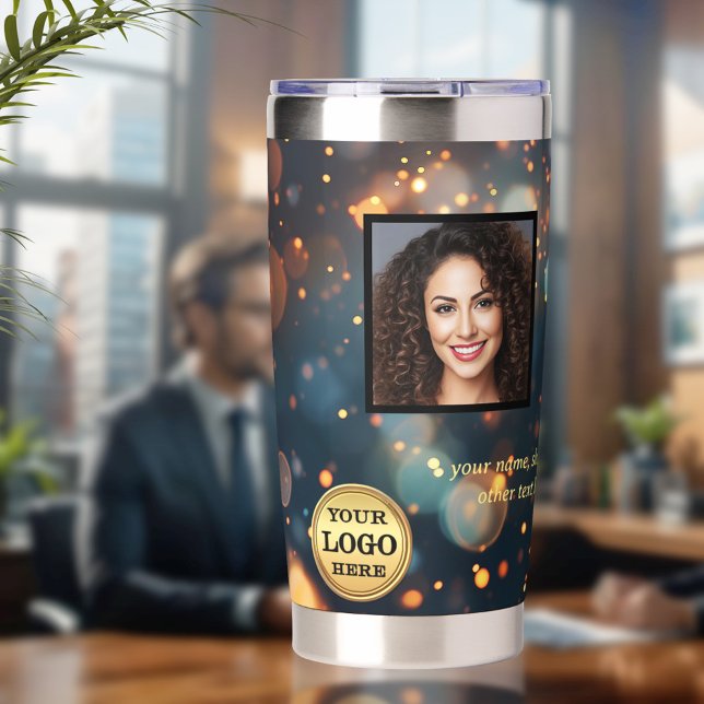 Gourde Isotherme Sparkles Custom Logo Photo Business (Office thermal tumbler featuring your custom logo, photo and texts on a festive sparkling design)