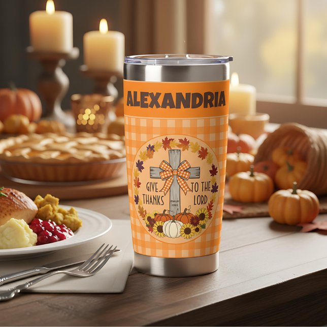 Gourde Isotherme Thanksgiving Give Thanks To The Lord Orange Plaid (Créateur téléchargé)