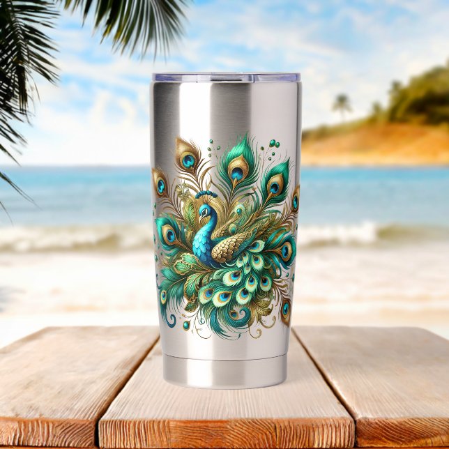 Gourde Isotherme Vibrant Peacock Feather  Mug (Plage (pivotée))