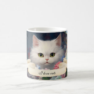 Gourgeous Chat Blanc Et Fleurs Fille Mug Personnal