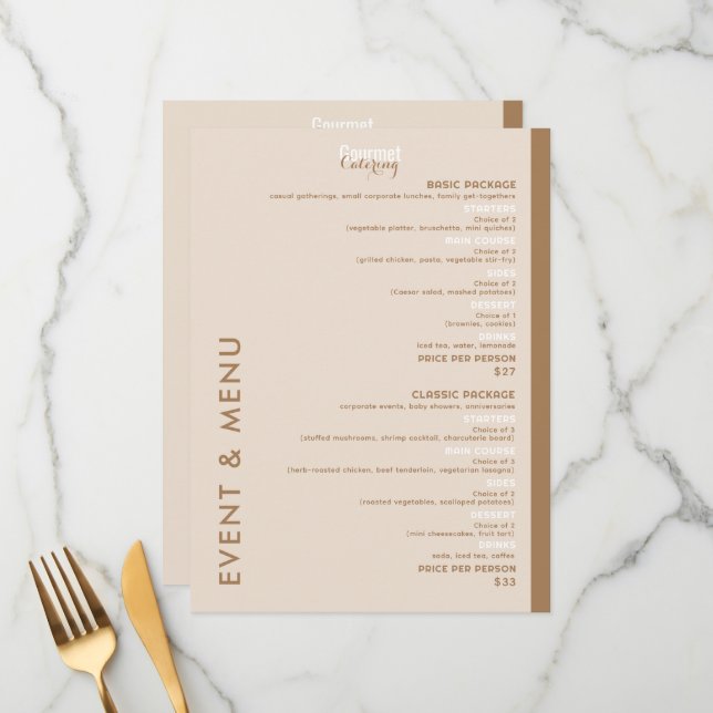 Gourmet Catering Flat Menu Menükarte (Vorderseite/Rückseite Beispiel)