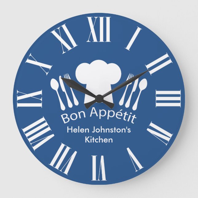 Gourmet Küche Bon Appetit Blau und Weiß Große Wanduhr (Vorderseite)