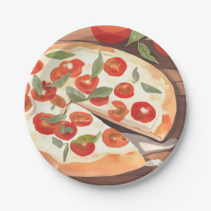 Gourmet-Pizza   Tomaten-Grüntöne-Wasserfarbe Pappteller