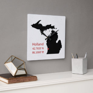 GPS-Koordinaten von Holland Michigan Quadratische Wanduhr