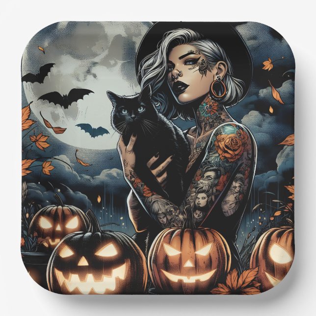 Grab a Broom | Hexen-Themed-Halloween-Party Pappteller (Vorderseite)