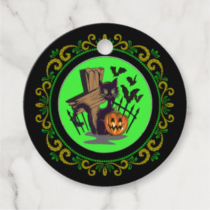 Grabstein der gelben grünen Katze Halloween Geschenkanhänger