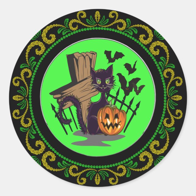 Grabstein der gelben grünen Katze Halloween Runder Aufkleber (Vorderseite)