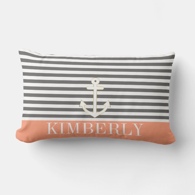 Grabstreifen Nautical Anchor Coral Monogramm Lendenkissen (Vorderseite)