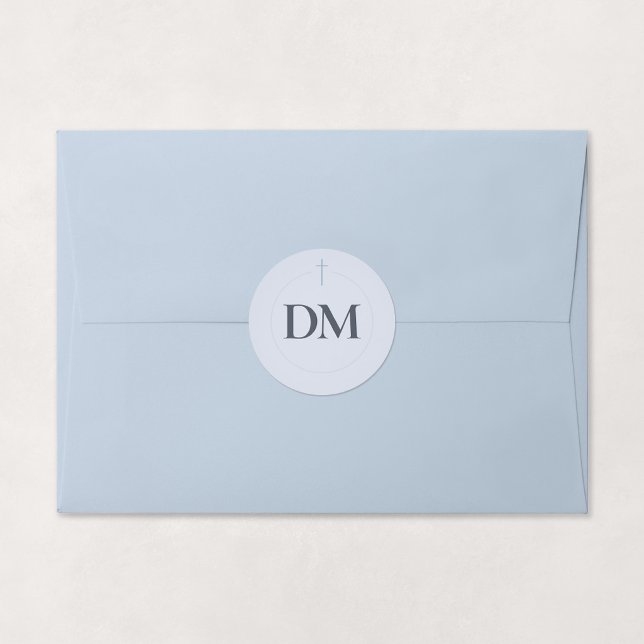 Grace Blue Monogramm-Kreuz Runder Aufkleber (Grace | Blue - Minimal Cross Monogram Sticker, Shown on Envelope)