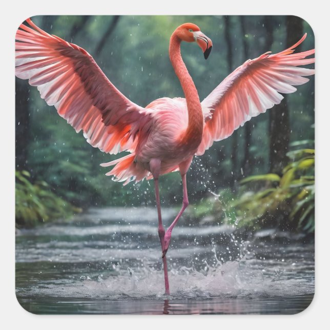 Grace in Flight: Der rosa Flamingos Riverdance Quadratischer Aufkleber (Vorderseite)
