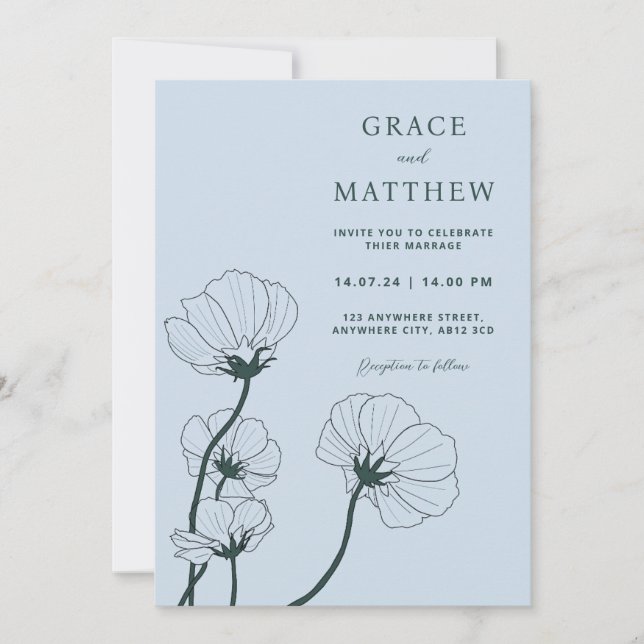GRACE Moderne Faire-part de mariage Botanique Mist (Devant)