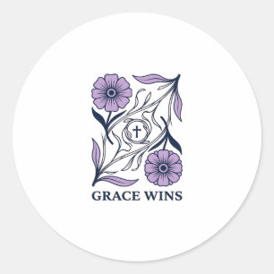 Grace Wins Florale Christliche Vintage Gravur Tee_ Runder Aufkleber