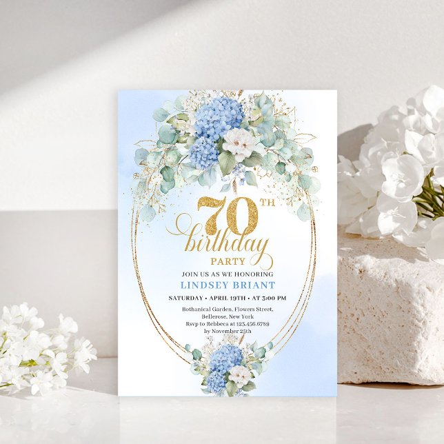 Graceful 70th Birthday Blue Hydrangea Gold Invite Einladung (Graceful 70th Birthday Blue Hydrangea Gold Invitation)