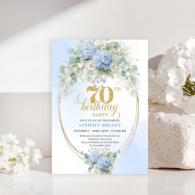 Graceful 70th Birthday Soft Blue Hydrangea Invite Einladung (Graceful 70th Birthday Soft Blue Hydrangea Invitation)