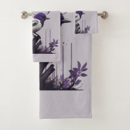 Graceful Bird & Lila Blätter | Naturpalette Badhandtuch Set