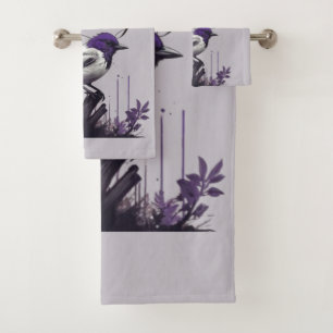 Graceful Bird & Lila Blätter Naturpalette Badhandtuch Set