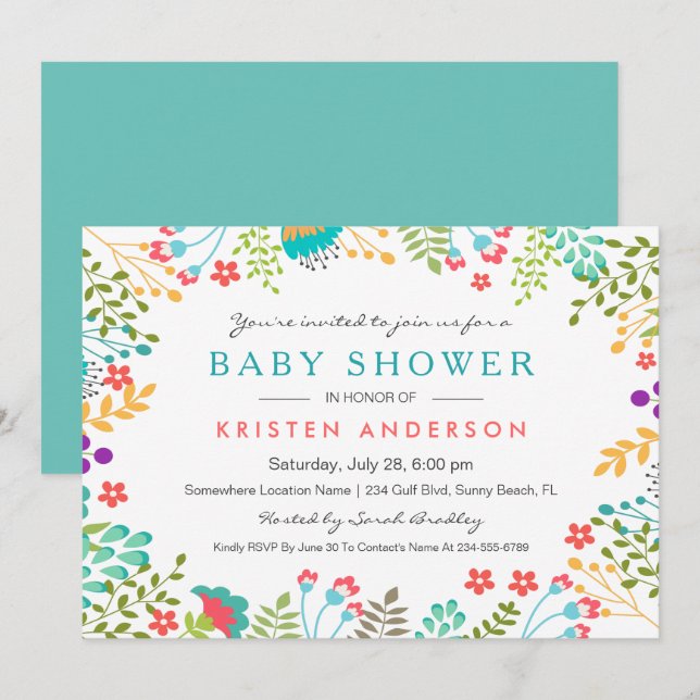 Graceful Blue Floral Niedlich Baby Dusche Einladung (Vorne/Hinten)