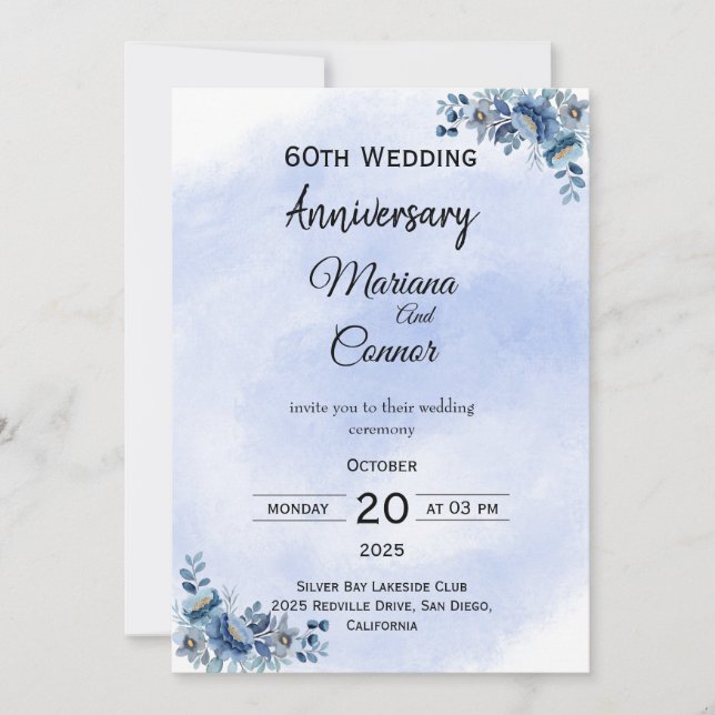 Graceful Blue Floral Wedding Anniversary Invitatio Einladung (Vorderseite)