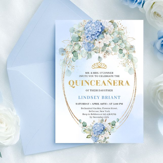 Graceful Blue Hydrangeas Eucalyptus Quince Invite Einladung (Graceful Blue Hydrangeas Eucalyptus Quince Invite)