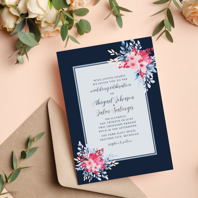 Graceful Blumenrosa und Dusty Blue Wedding Einladung (Von Creator hochgeladen)