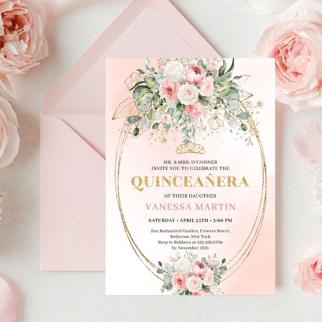 Graceful Boho Pale Pink Roses Bohemian Quinceañera Einladung (Graceful Pale Pink Roses Bohemian Quinceañera Invite)