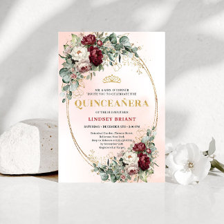 Graceful Burgundy Peonies Eucalyptus Quince Invite Einladung