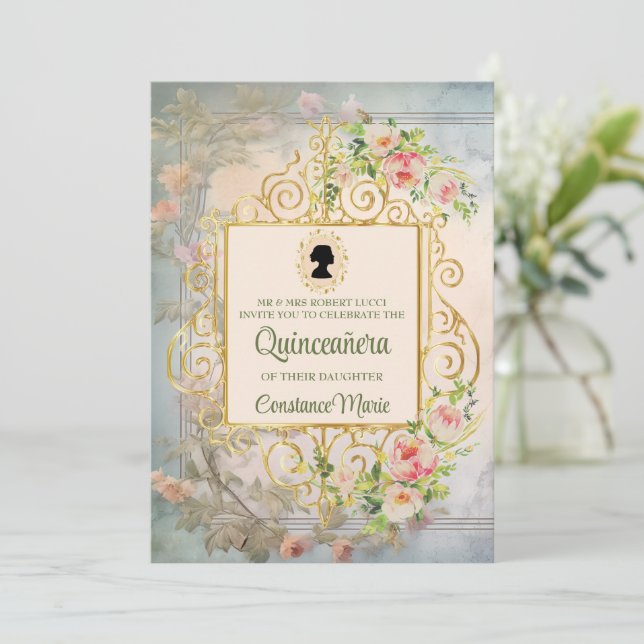 Graceful Chic Regency Era Quinceanera Einladung (Stehend Vorderseite)