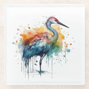 Graceful Crane: Wasserfarben Kunst Glasuntersetzer