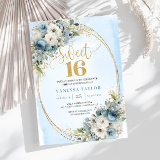 Graceful Dusty Blue Floral Sweet 16th Birthday  Einladung