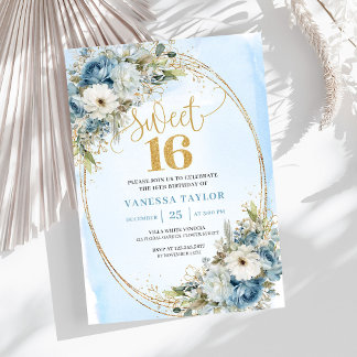 Graceful Dusty Blue Greenery Sweet Sixteen Invite Einladung