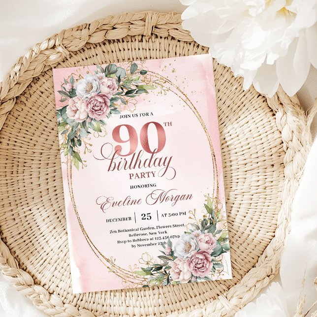 Graceful Dusty Pink Gold Floral 90th Birthday   Einladung (Graceful Dusty Pink Gold Floral 90th Birthday Invitation)
