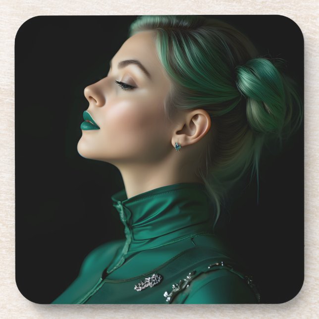 Graceful Emerald Elegante: Ein gotisches Portrait Getränkeuntersetzer (Vorderseite)