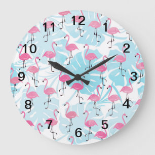 Graceful Flamingos und Monstera Blätter Große Wanduhr