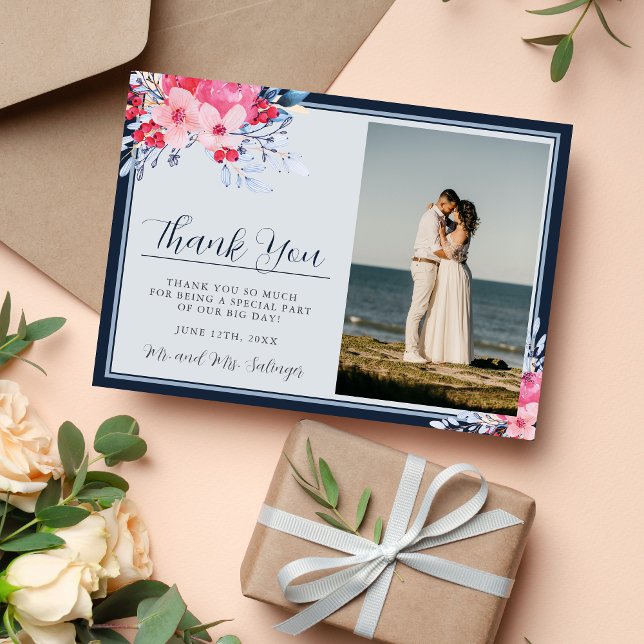 Graceful Floral Pink und Dusty Blue Dankeskarte (Von Creator hochgeladen)