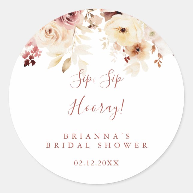 Graceful Floral Sip Hooray Bridal Showe Runder Aufkleber (Vorderseite)