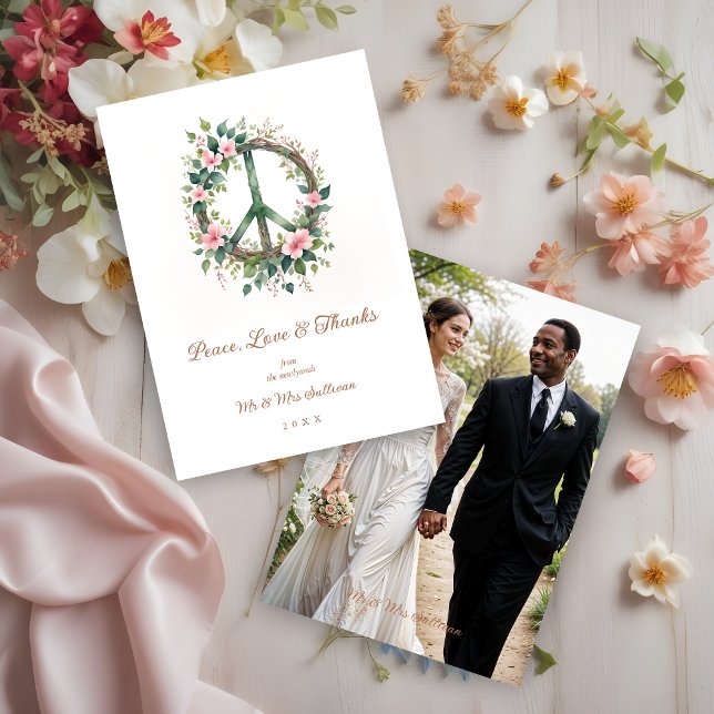 Graceful Floral Wood Peace Symbol Photo Wedding Dankeskarte (Graceful and Cherish Floral Wood Peace Symbol Photo Wedding Thank You Card.)