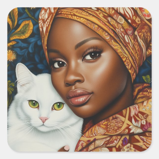 Graceful Frauen mit Katze Quadratischer Aufkleber (Vorderseite)