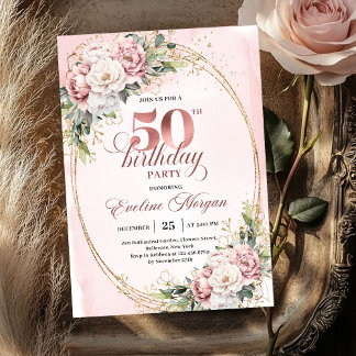 Graceful Greenery Rose Gold 50th Birthday Party  Einladung