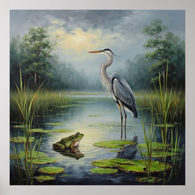 Graceful Heron in a Serene Pond Poster (Vorne)