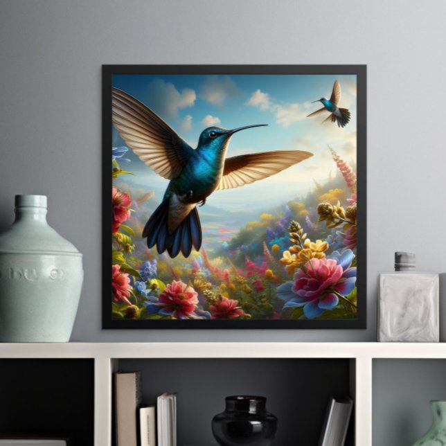 Graceful Hummingbird fliegt über dem Feld der Blum Poster (Von Creator hochgeladen)