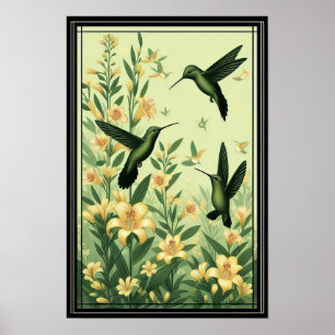 Graceful Hummingbirds Under Golden Lilies Poster