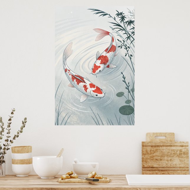 "Graceful Koi: Illustration des Serenischen Wasser Poster (Küche)