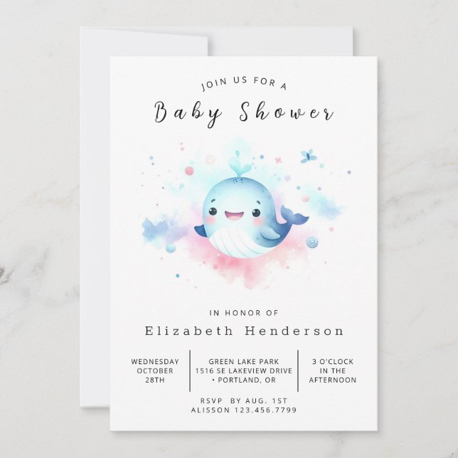 Graceful Online Whale Baby Dusche Einladung (Vorderseite)