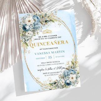 Graceful Pastel Blue Gold Eucalyptus Quinceañera Einladung