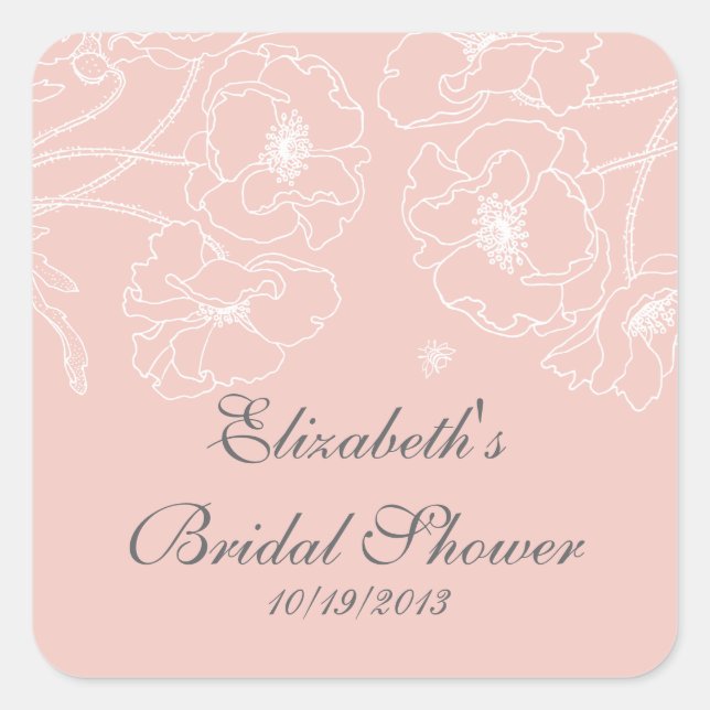 Graceful Pink Poppy Floral Brautparty Square Quadratischer Aufkleber (Vorderseite)