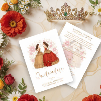 Graceful Romantic Spanish Quinceañera Twins  Einladung