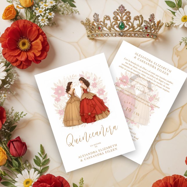 Graceful Romantic Spanish Quinceañera Twins  Einladung (Graceful Romantic Spanish Quinceañera Twins Red and Gold Invitations Cards.)