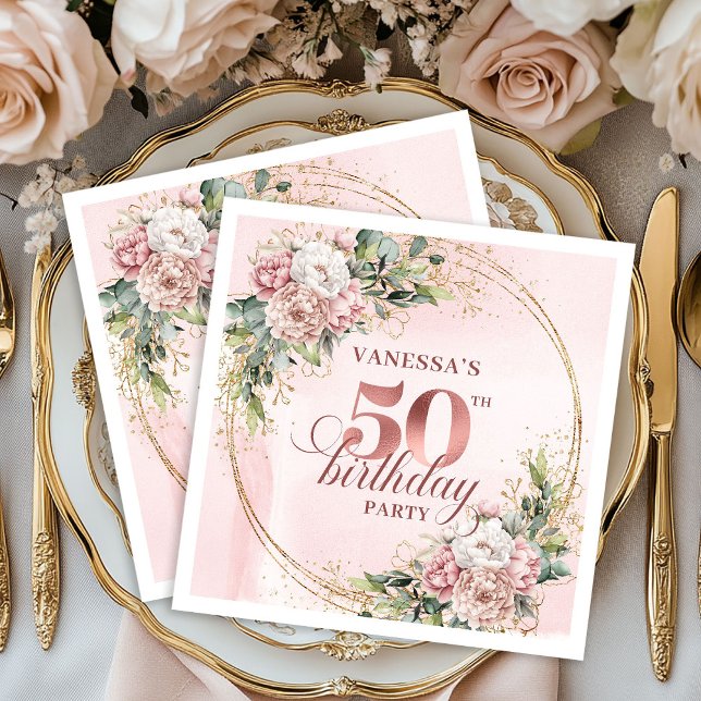 Graceful Rose Gold Blush Flowers 50th Birthday  Serviette (Graceful Rose Gold Blush Flowers 50th Birthday Dinner Napkins

)