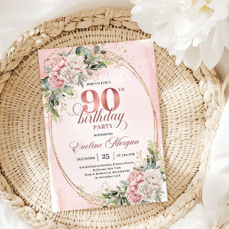 Graceful Rose Gold Eucalyptus 90th Birthday Invite Einladung